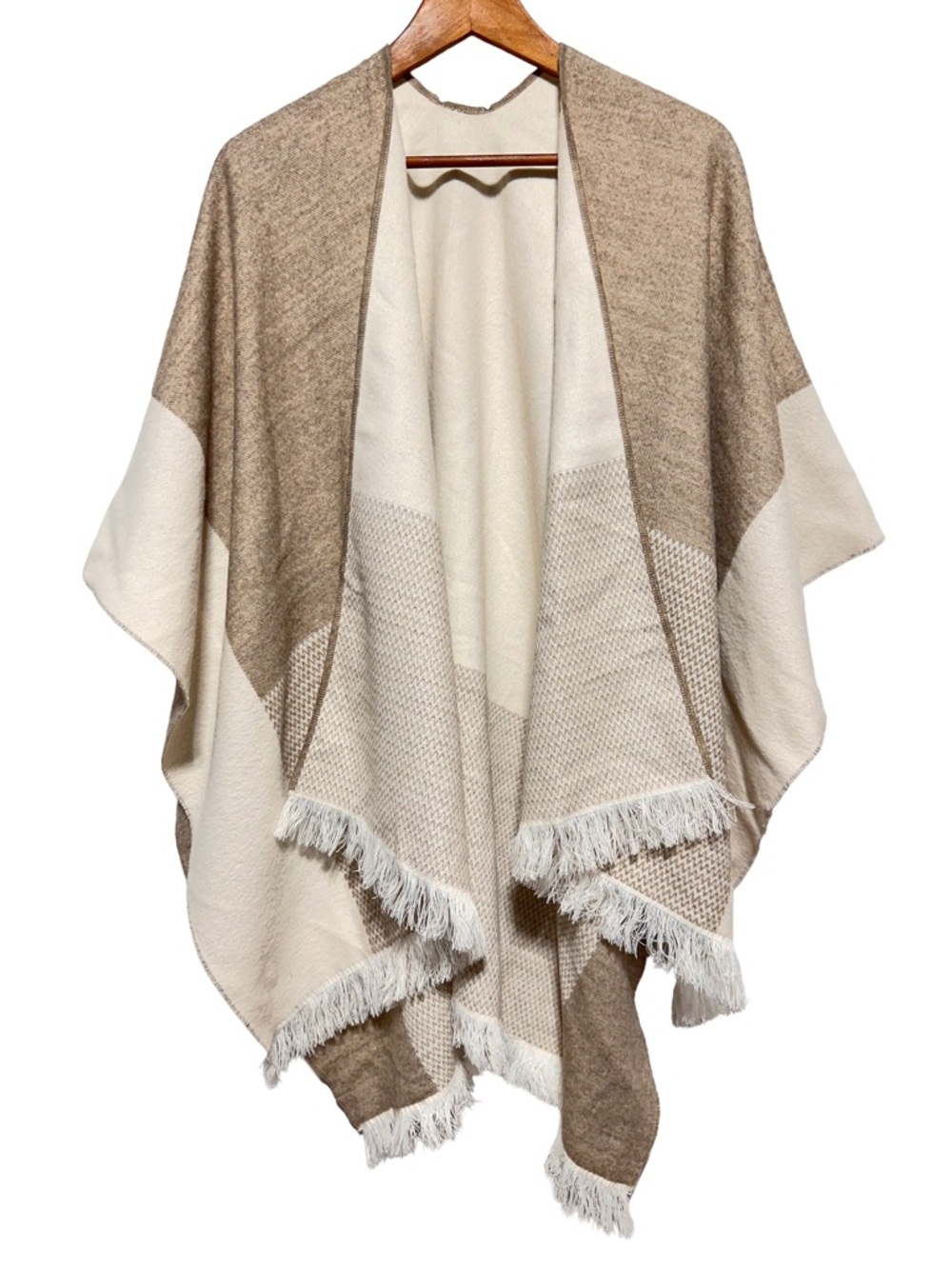 SIMONS Beige Cream Colourblock Fringe Poncho Cape Oversized Fall Wrap O/S